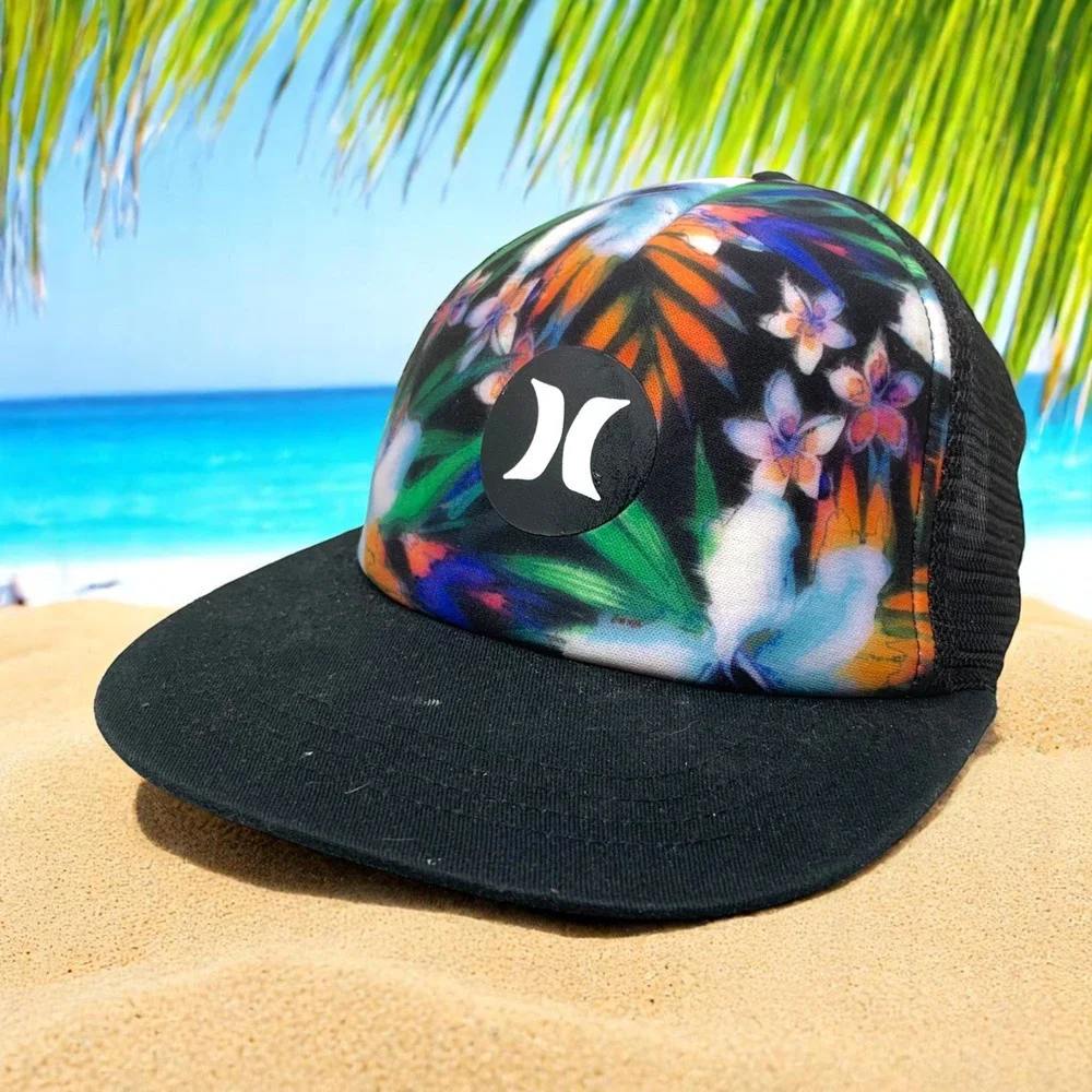 Hurley Tropical Floral Print Black Mesh Snapback Trucker Hat Cap Skater Beach